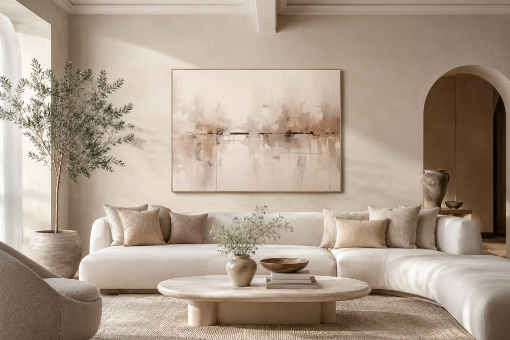 Grand tableau abstrait au-dessus d'un canapé dans un salon sophistiqué.
