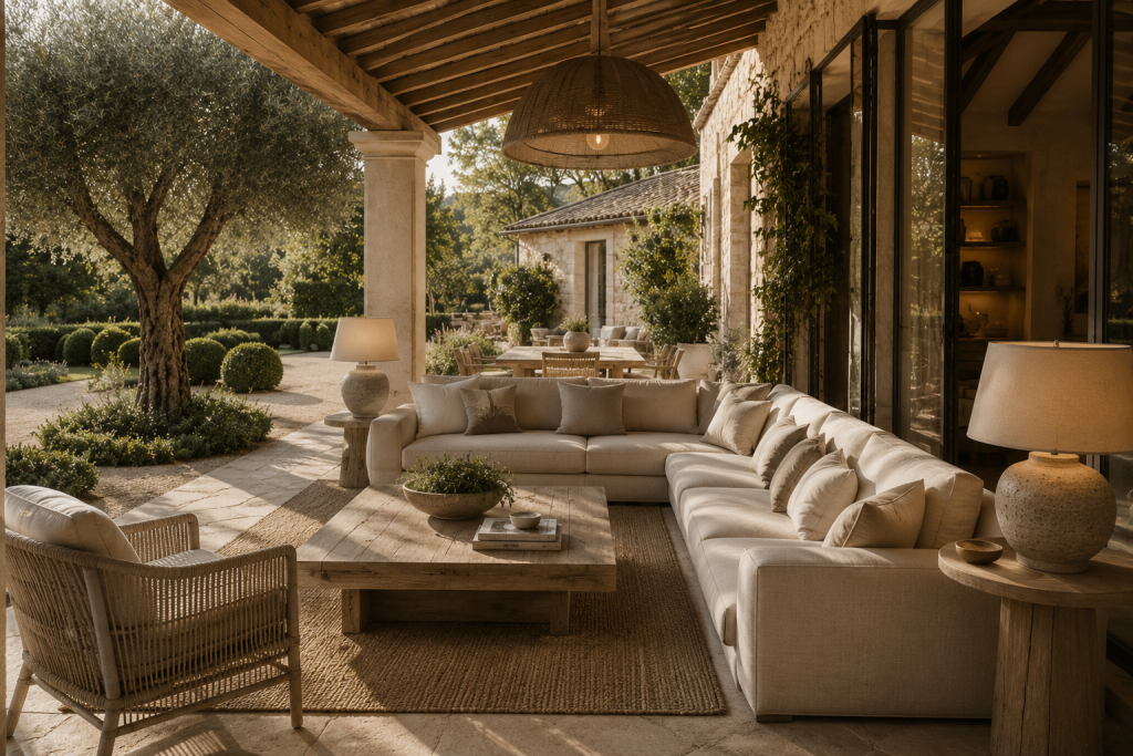 Salon extérieur aménagé comme une véritable pièce de vie avec canapé, tapis et matériaux naturels.