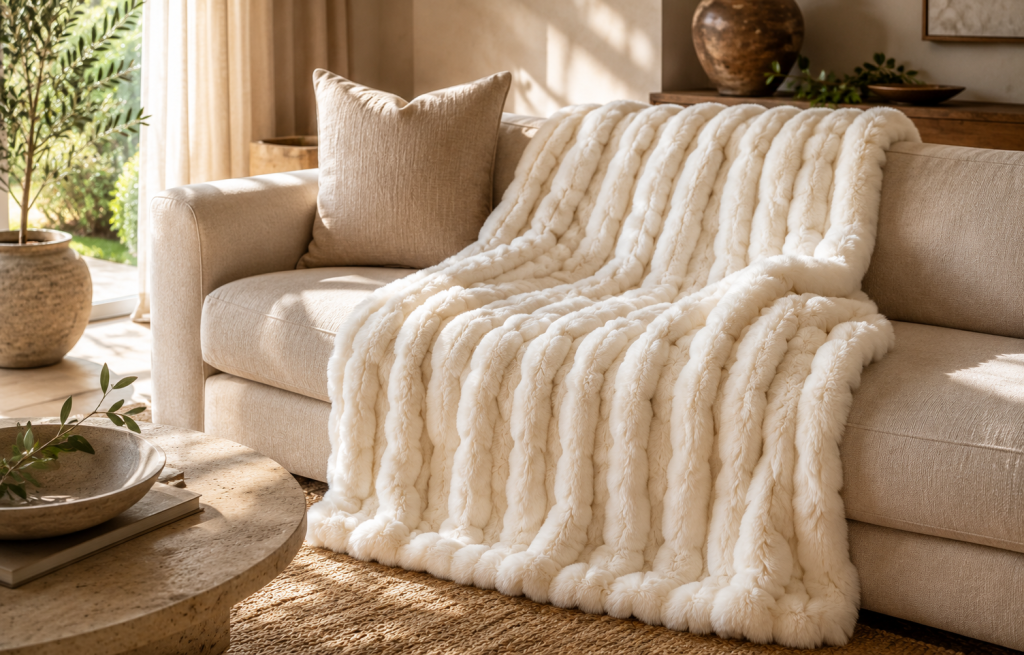 Canapé beige décoré avec un plaid texturé écru dans un salon chaleureux.
