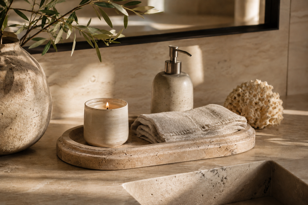 Plateau décoratif en travertin sur un plan de toilette de salle de bain haut de gamme.