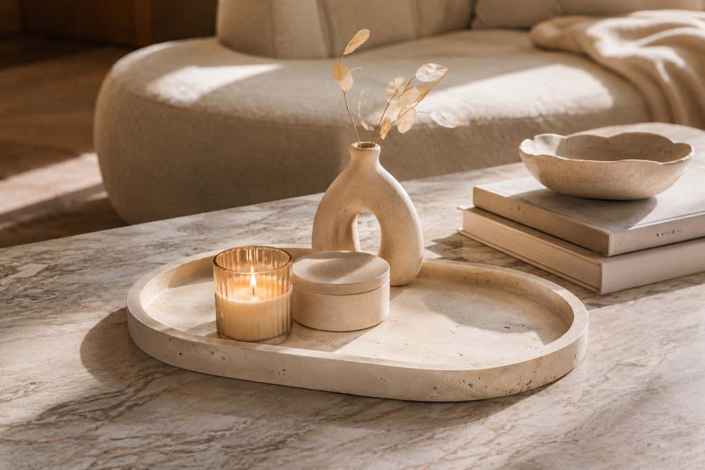 Plateau décoratif en travertin avec bougie et livres déco dans un salon moderne.
