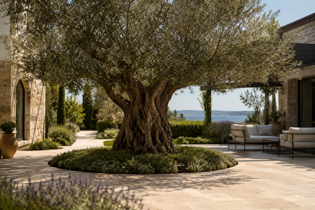 Olivier centenaire utilisé comme point focal dans un jardin de luxe à l'aménagement harmonieux.