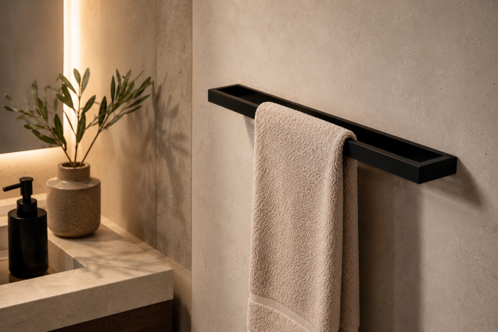 Porte-serviettes noir mat avec serviette soigneusement pliée dans une salle de bain élégante inspirée des hôtels de luxe.