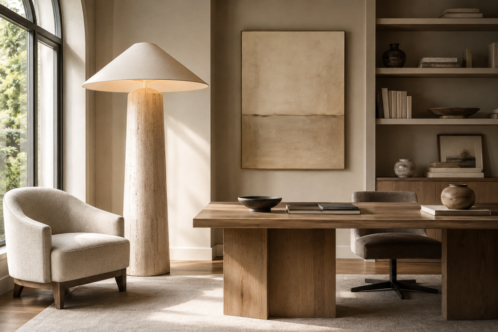 Bureau harmonieux avec lampe design sculpturale créant un point focal élégant dans la pièce.

