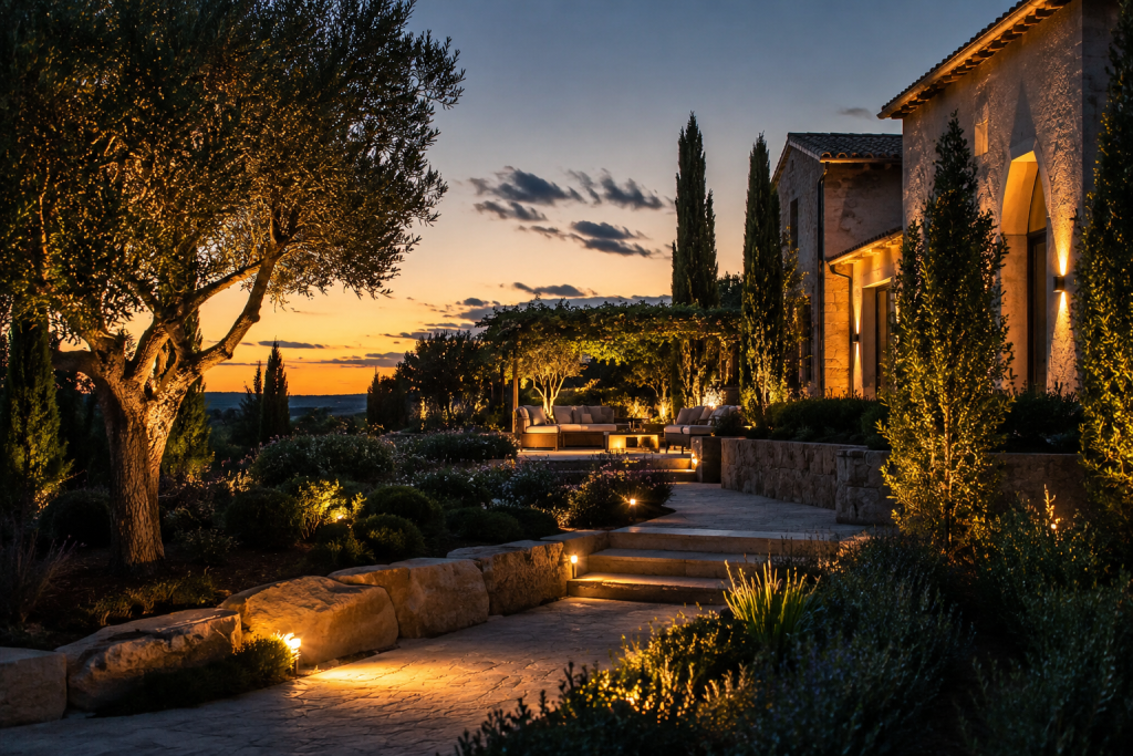 Jardin illuminé à la tombée de la nuit avec éclairage paysager inspiré des hôtels de luxe.