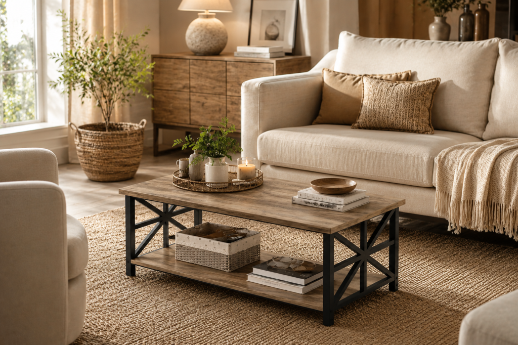 Table basse en bois élégamment décorée dans un salon haut de gamme.
