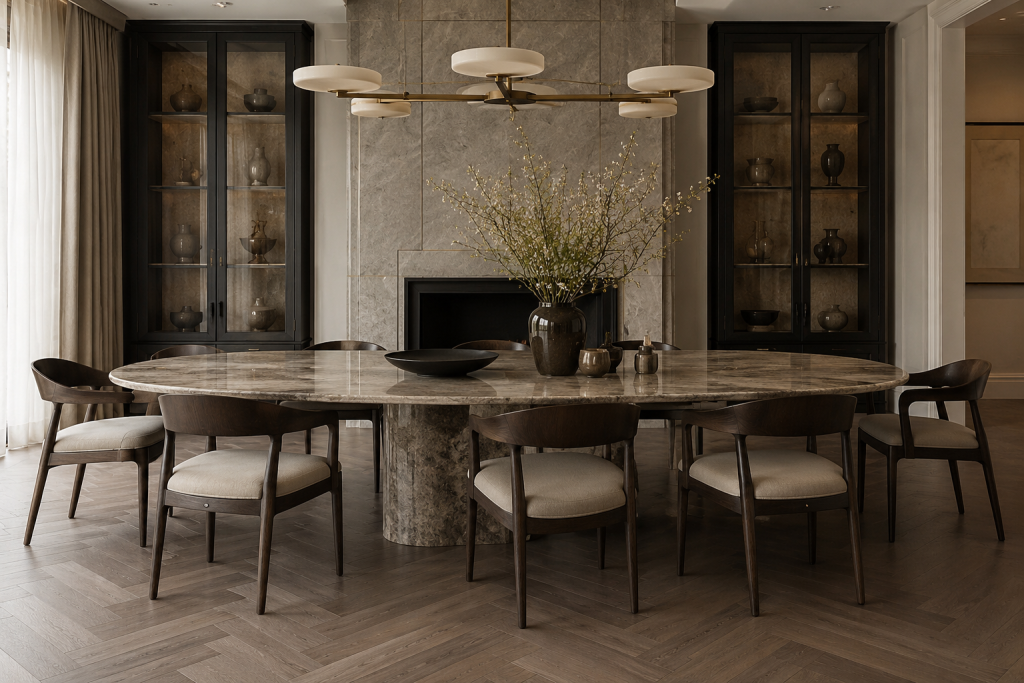 Idée de salle à manger moderne avec table centrale et design épuré haut de gamme
