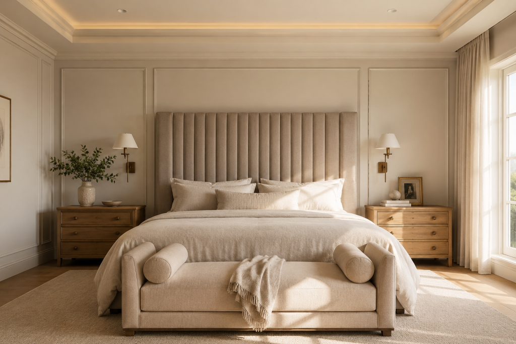 Grande tête de lit rembourrée beige dans une chambre élégante au style hôtel haut de gamme