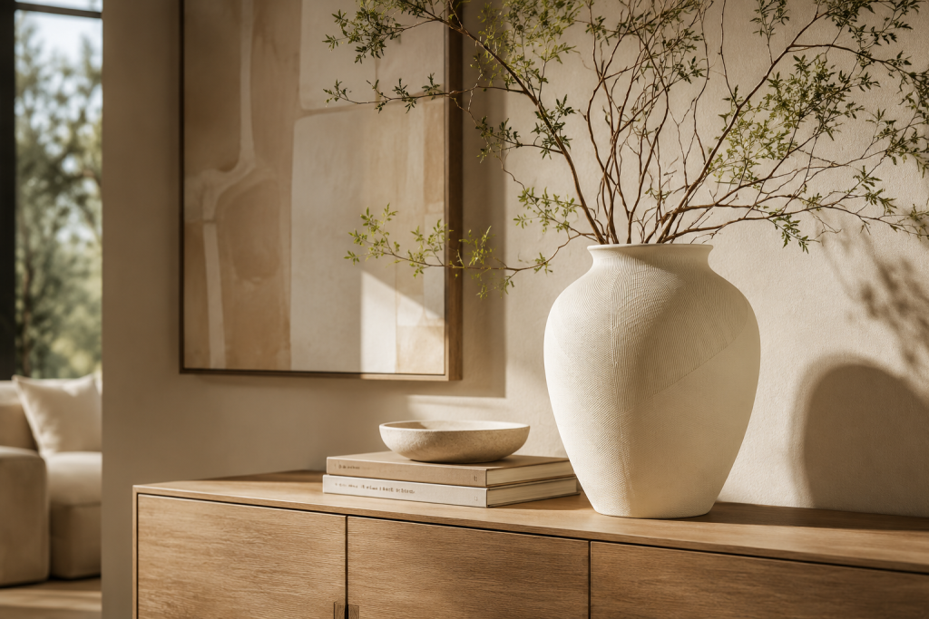 Grand vase décoratif beige texturé dans un salon élégant aux tons naturels.
