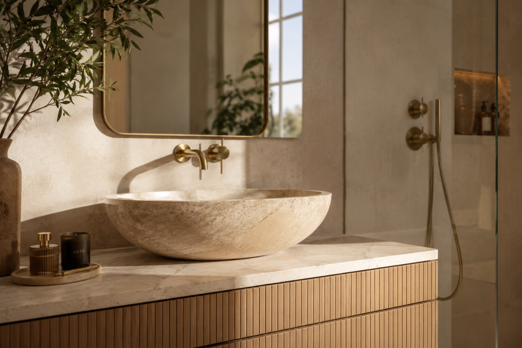 Vasque design effet pierre avec robinetterie dorée dans une salle de bain élégante