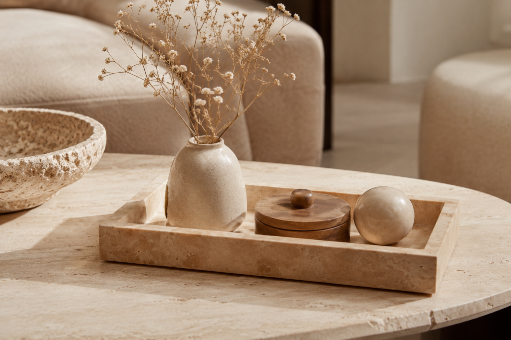 Vide-poche posé sur une table basse dans un salon élégant.
