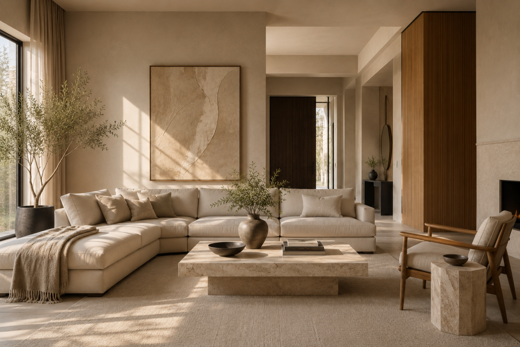 Salon minimaliste avec espace visuel équilibré