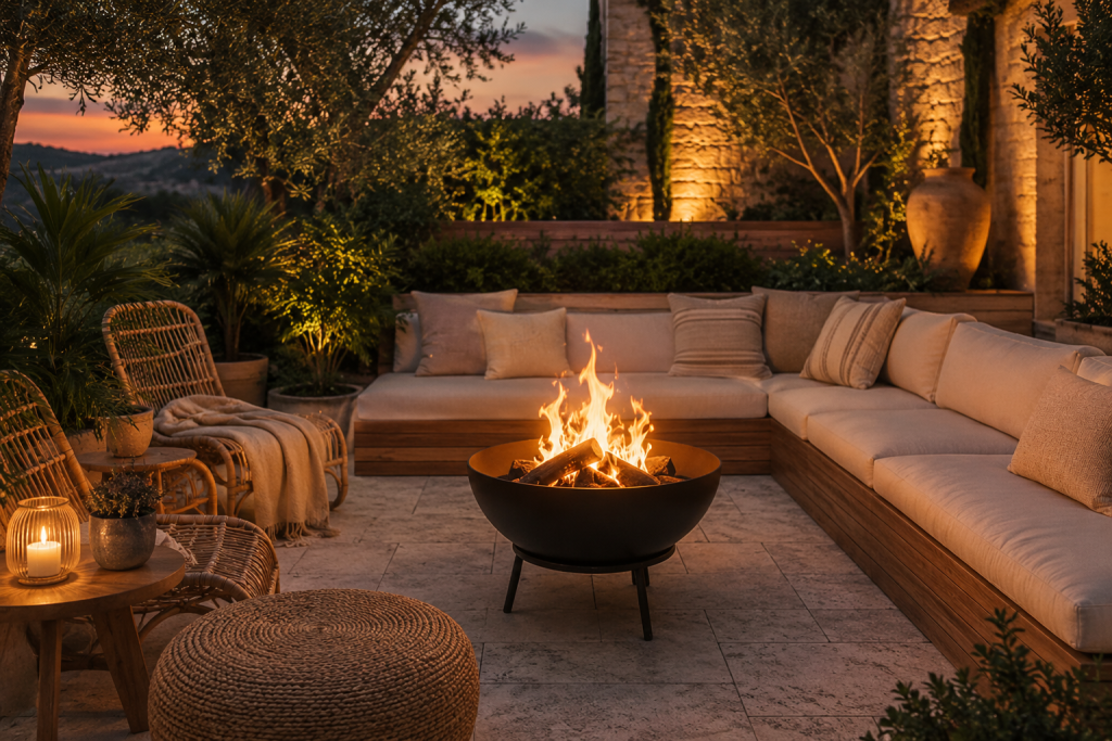 Brasero contemporain au centre d'une terrasse haut de gamme créant une ambiance chaleureuse en soirée.