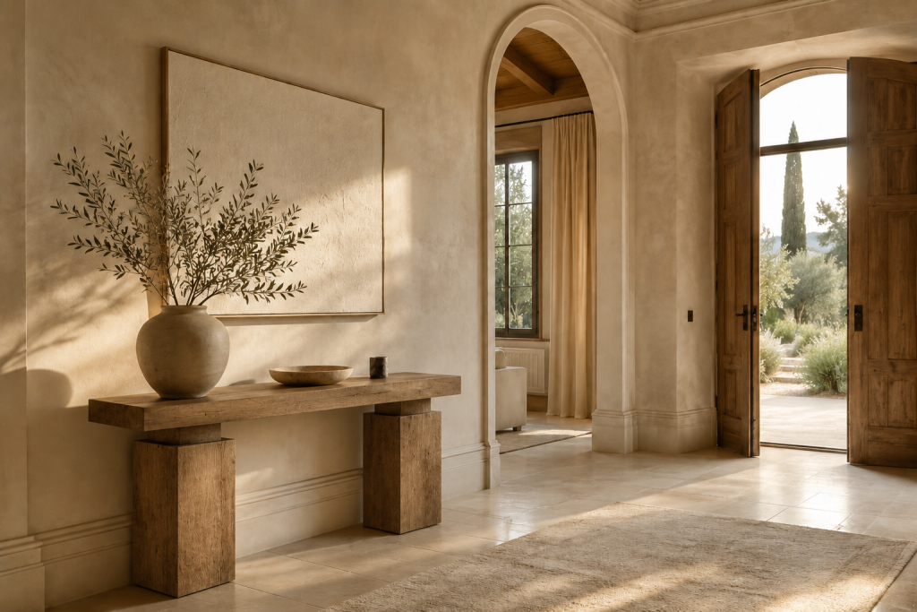 Console d'entrée en bois clair dans une élégante entrée de style quiet luxury avec tableau et décoration minimaliste.