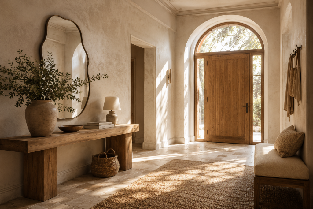Inspiration d'entrée élégante aux tons beiges avec console en bois, miroir design, tapis naturel, pouf et décoration minimaliste.