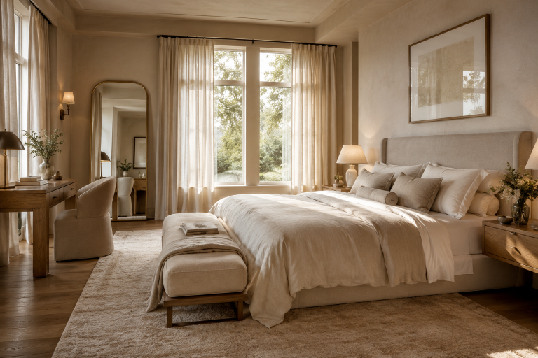 Chambre élégante aux tons beige avec lit en lin, mobilier en chêne et décoration raffinée