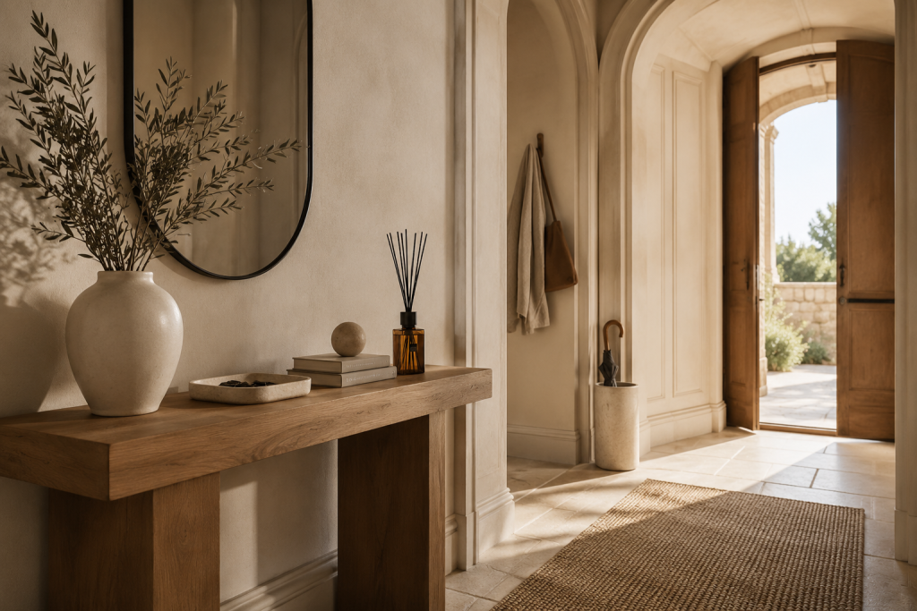 Diffuseur de parfum d'ambiance posé sur une console d'entrée pour créer une atmosphère chaleureuse.
