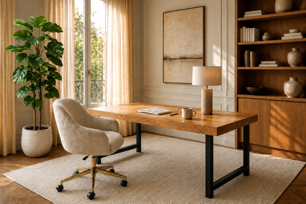 Les essentiels pour aménager un bureau élégant avec mobilier en bois, tapis, lampe et décoration aux matières naturelles