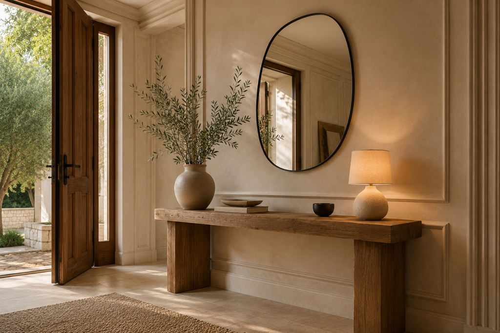 Lampe de table beige diffusant une lumière chaleureuse sur une console d'entrée raffinée
