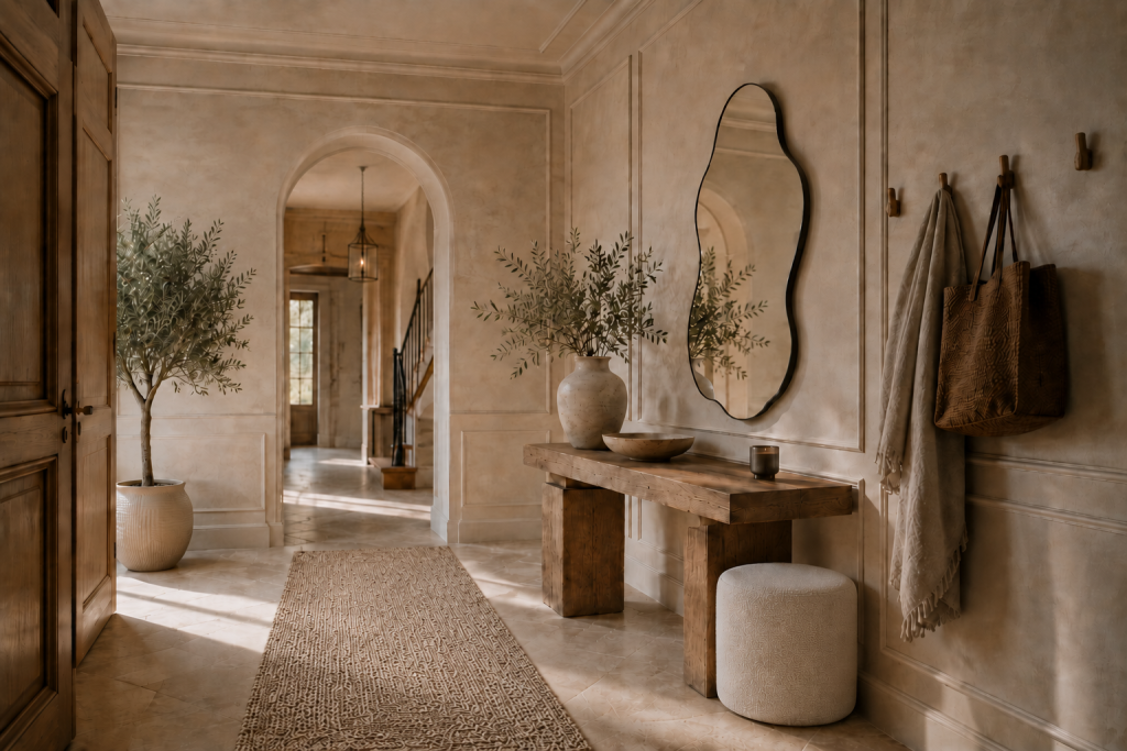 Sélection des essentiels Maison Velora pour aménager une entrée élégante avec des accessoires intemporels et des matières naturelles.