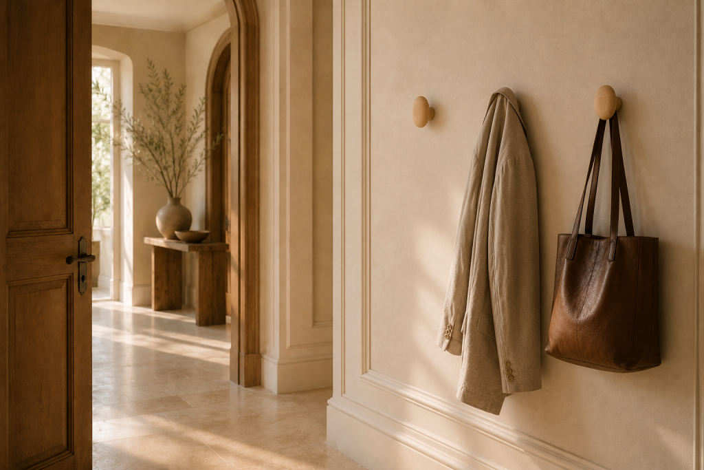 Patères murales en bois accueillant un manteau et un sac dans une entrée au style minimaliste.