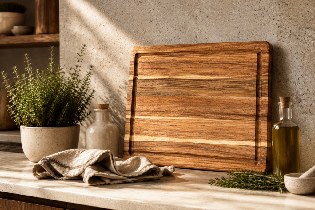 Grande planche à découper en bois massif posée sur un plan de travail dans une cuisine élégante et lumineuse.