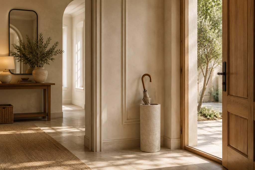 Porte-parapluie blanc au design épuré installé près de la porte d'entrée dans une décoration contemporaine.
