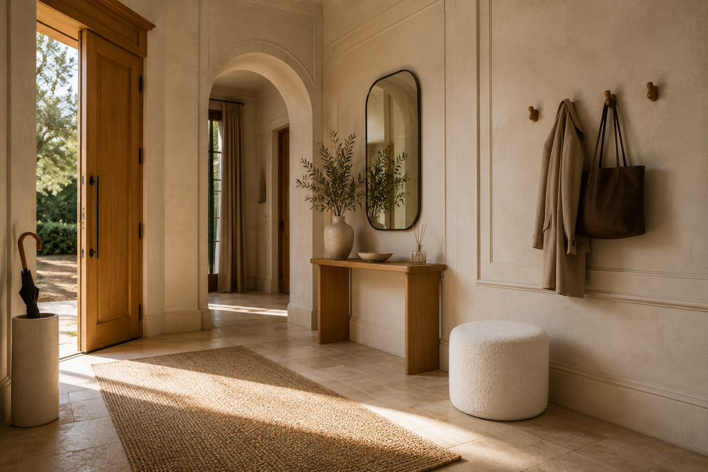 Petit pouf bouclé beige installé dans une entrée raffinée pour offrir une assise discrète et élégante.