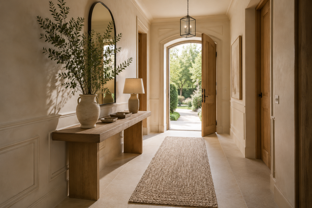 Grand tapis tissé en fibres naturelles habillant une entrée lumineuse avec un style intemporel.