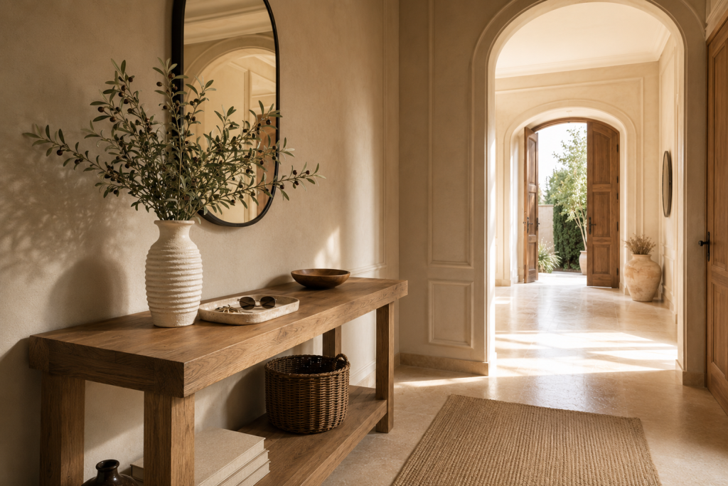 Vase en céramique avec branches d'olivier apportant une touche naturelle à une entrée élégante.