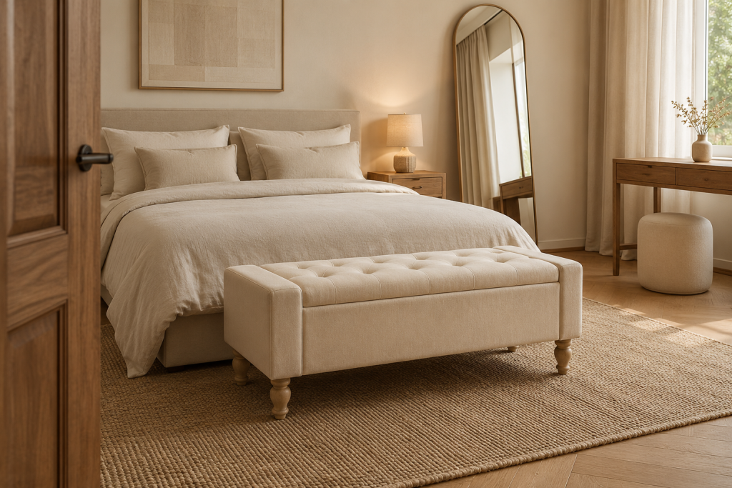 Banc de lit rembourré beige de 120 cm placé au pied du lit
