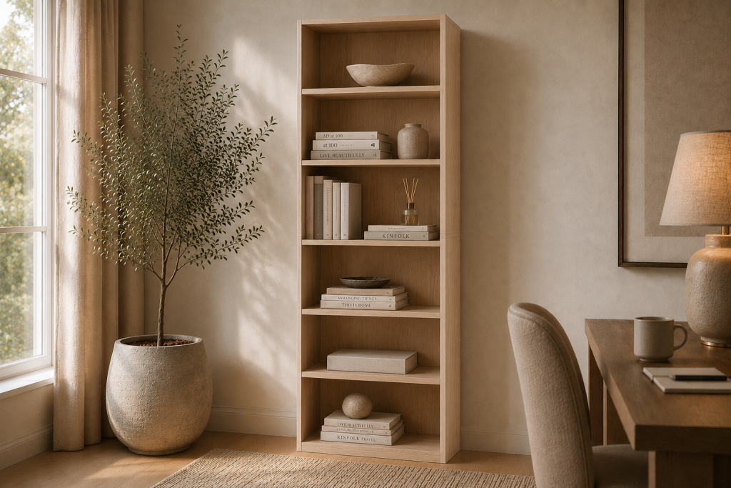 Bibliothèque ouverte en bois décorée de livres et d'objets décoratifs