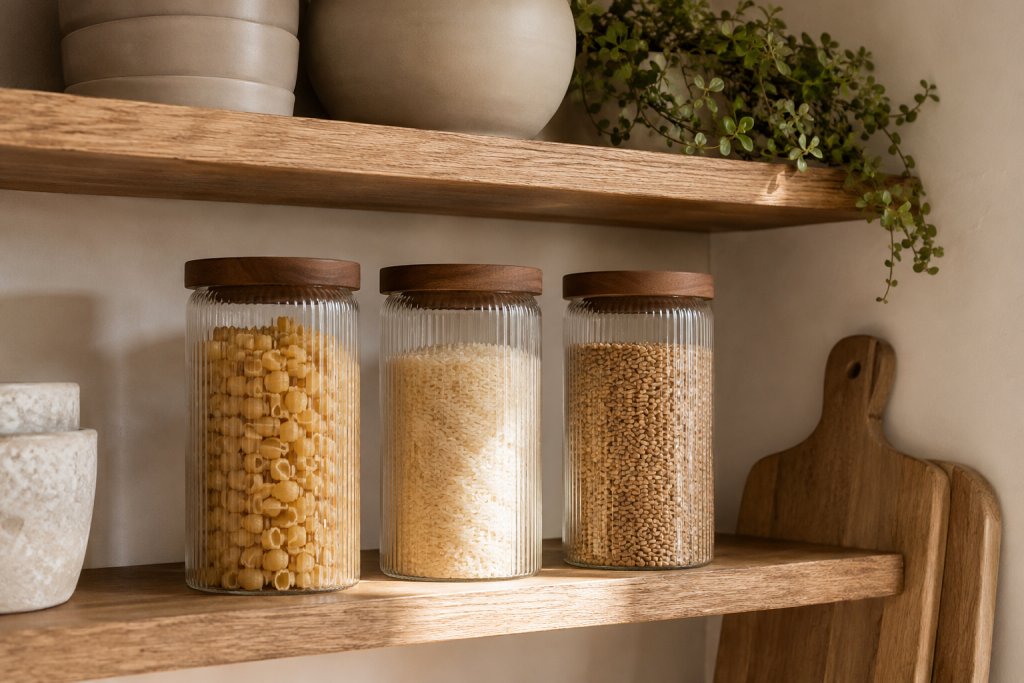 Bocaux en verre avec couvercles en acacia soigneusement alignés sur des étagères de cuisine en bois.
