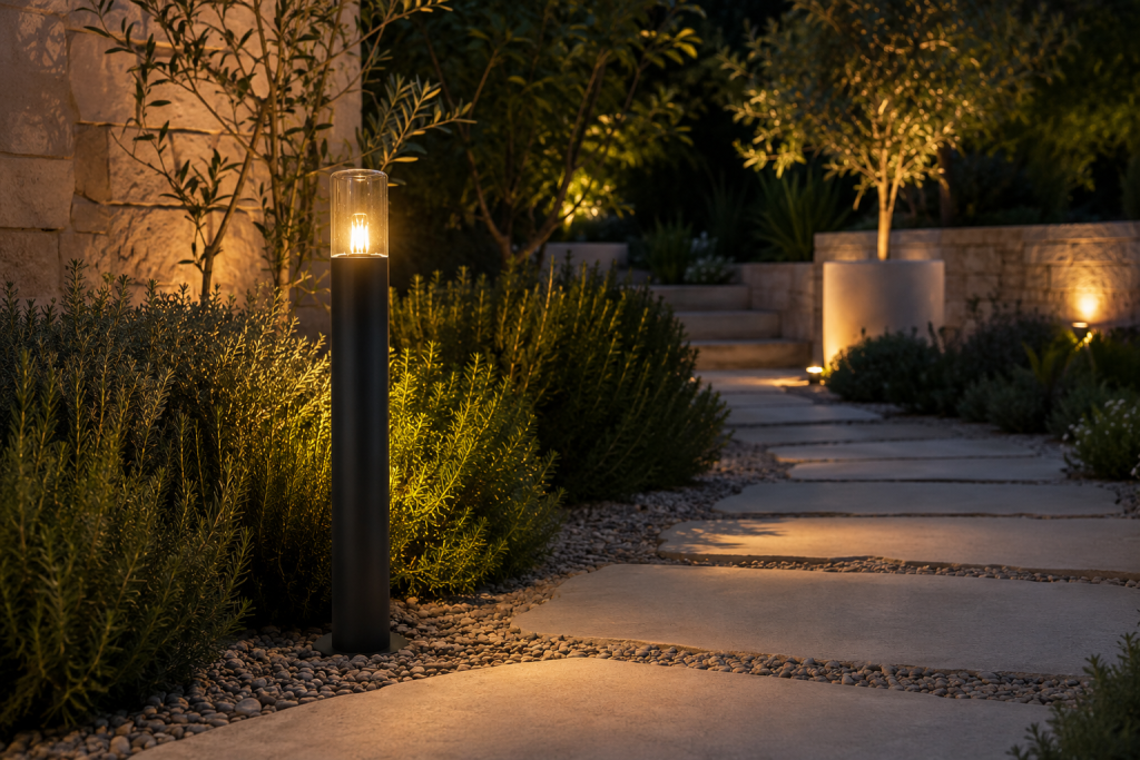 Borne lumineuse solaire design éclairant une allée de jardin avec une lumière chaleureuse au crépuscule.