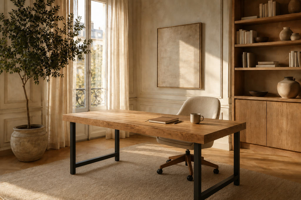 Bureau en bois élégant dans un espace de travail lumineux et raffiné