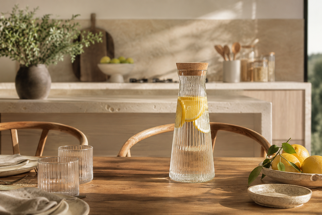 Carafe en verre soufflé posée sur une table en bois dans une cuisine aux matières naturelles.
