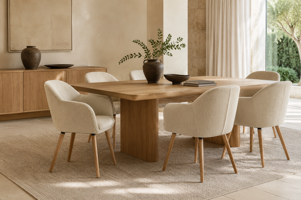Chaises de salle à manger en tissu beige autour d'une table dans un intérieur lumineux et raffiné.