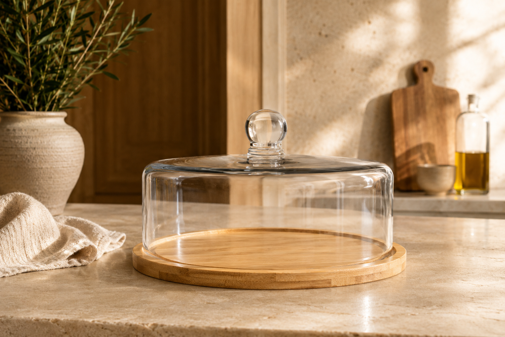 Cloche en verre avec socle en bois dans une cuisine élégante.
