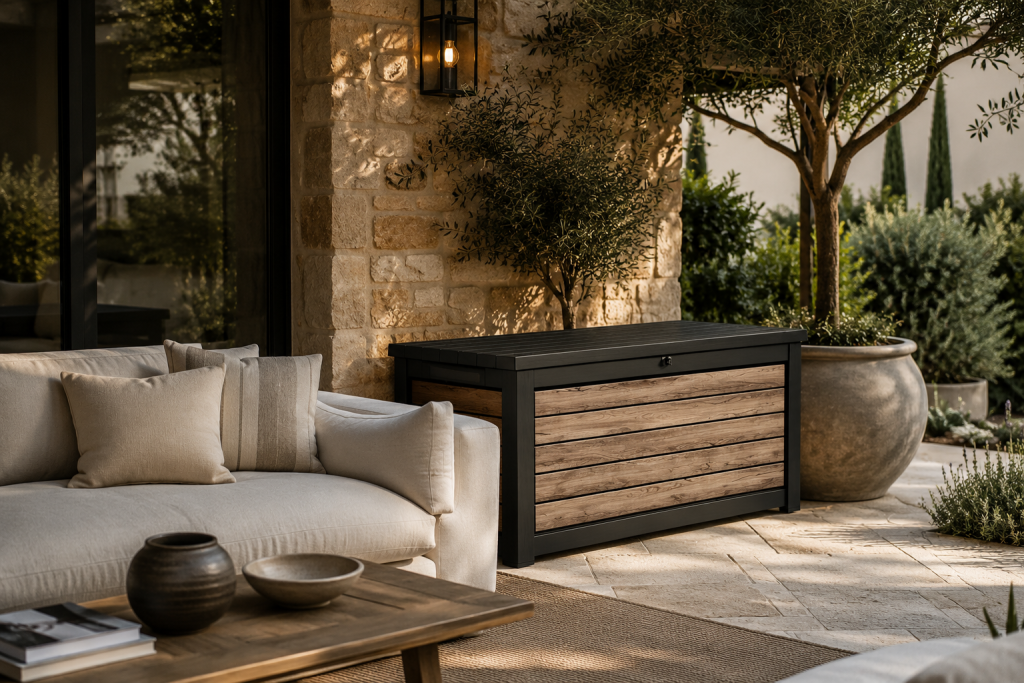Coffre de rangement extérieur intégré discrètement dans une terrasse aménagée.