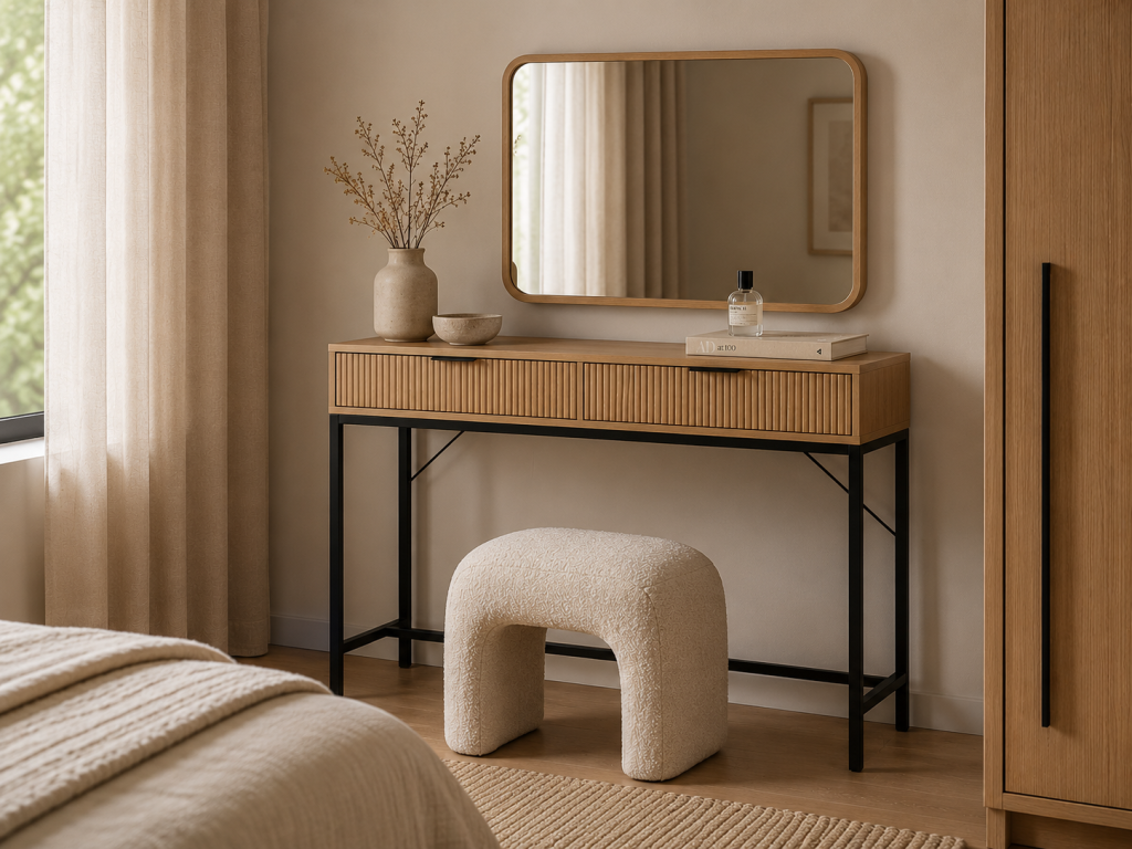 Coiffeuse en bois clair avec miroir et tabouret rembourré
