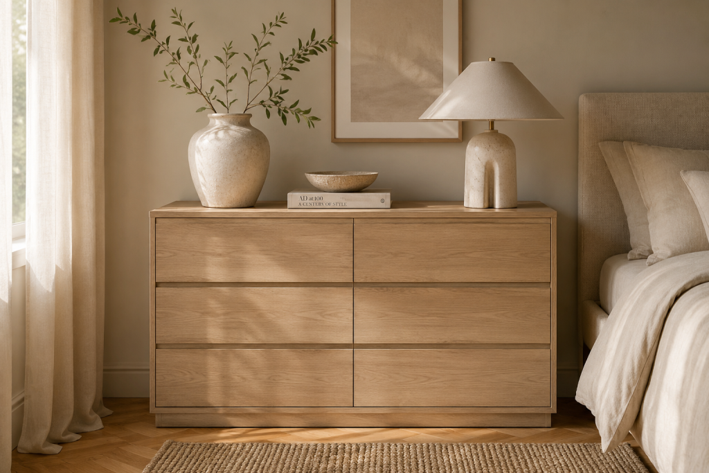 Commode en bois clair intégrée dans une chambre élégante aux tons beige
