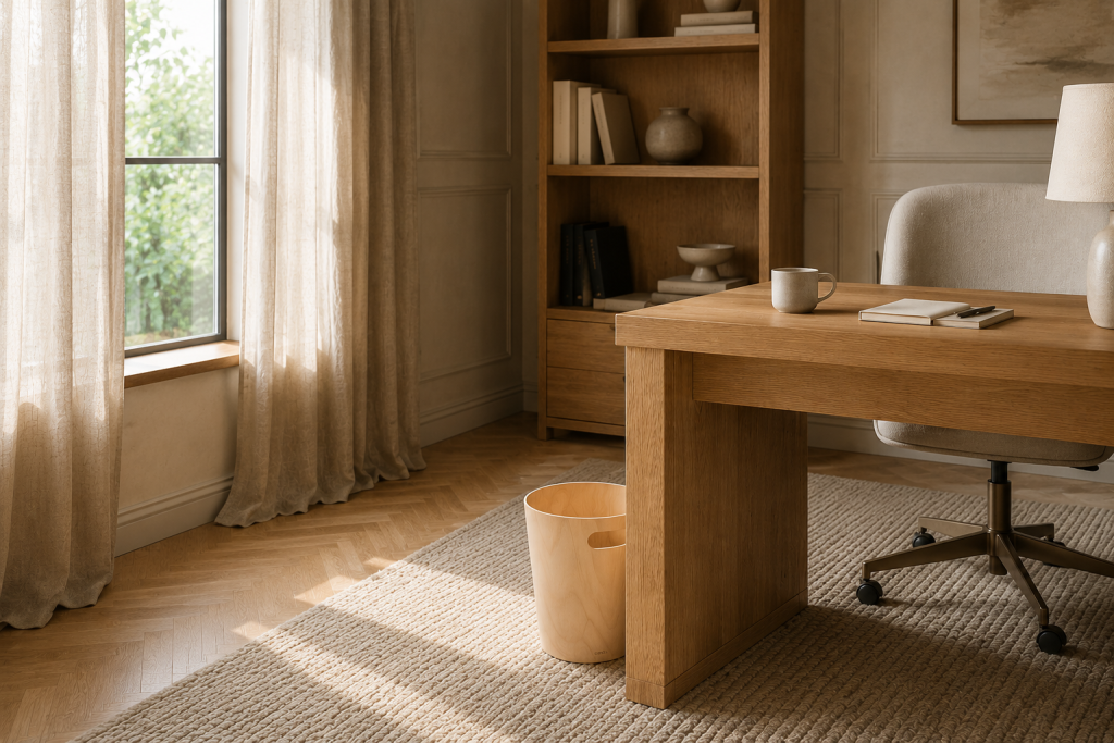 Corbeille à papier design intégrée à un bureau élégant et harmonieux
