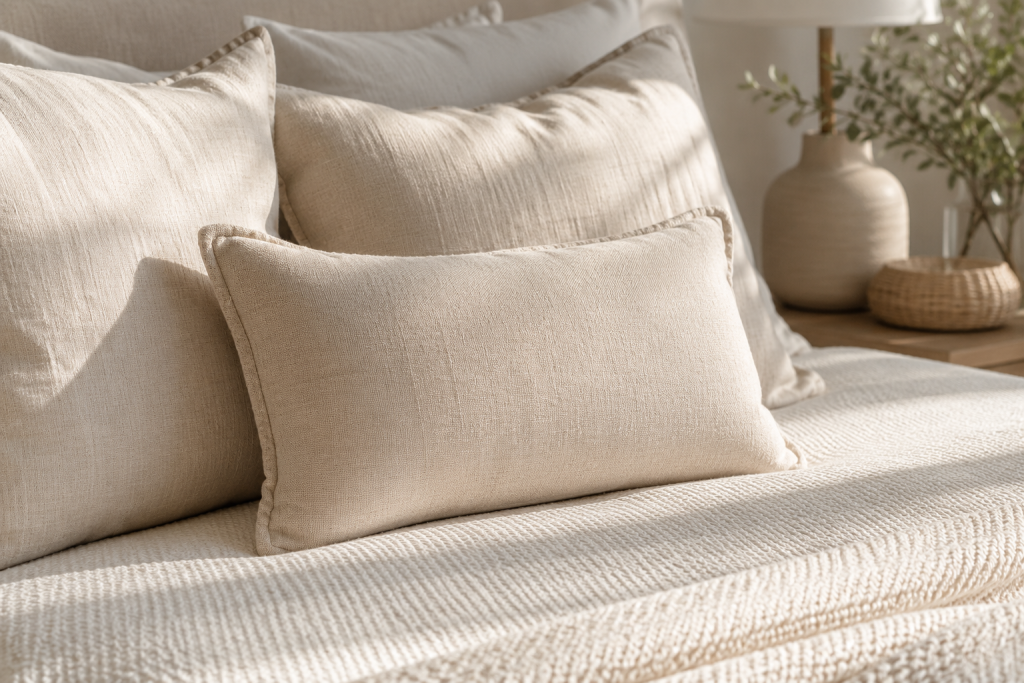 Coussin décoratif beige de 30 x 50 cm posé sur une parure de lit neutre
