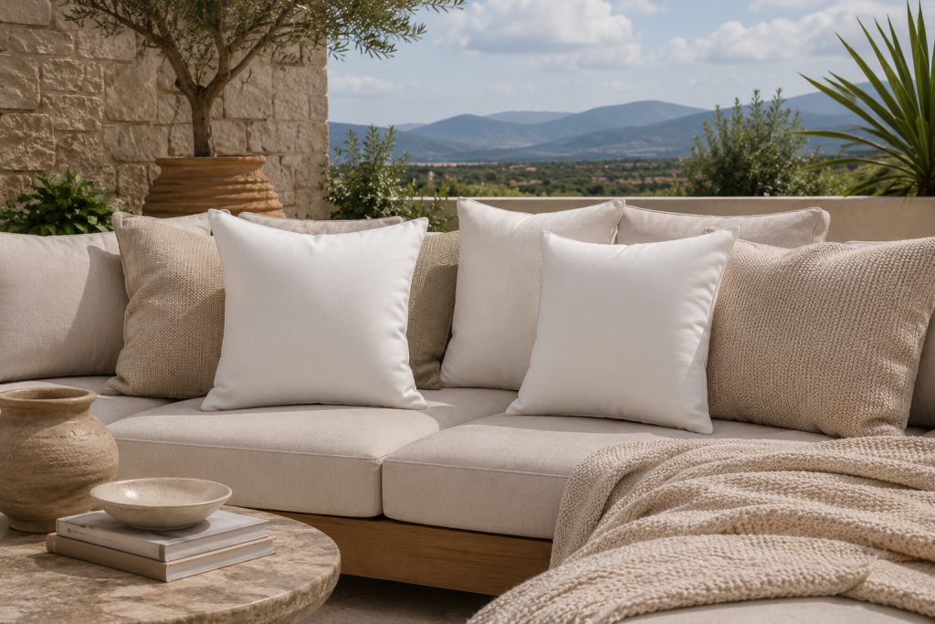 Coussins d'extérieur apportant confort et élégance à un salon de jardin contemporain.