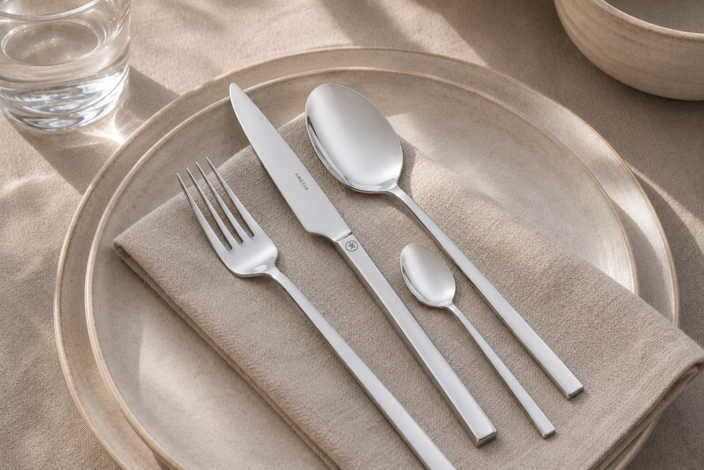 Service de couverts en acier inoxydable présenté sur une table de salle à manger élégante.

