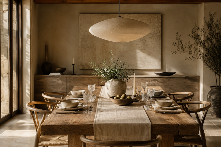 Salle à manger élégante décorée dans un style contemporain avec une table dressée et des matériaux aux tons naturels