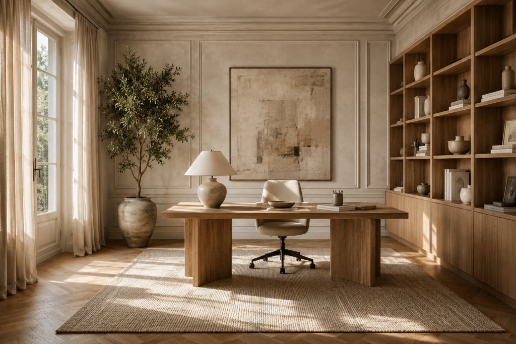 Bureau élégant avec mobilier en bois, chaise design et décoration aux tons naturels