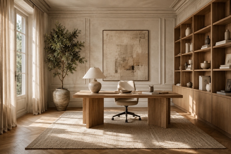 Bureau élégant avec mobilier en bois, chaise design et décoration aux tons naturels