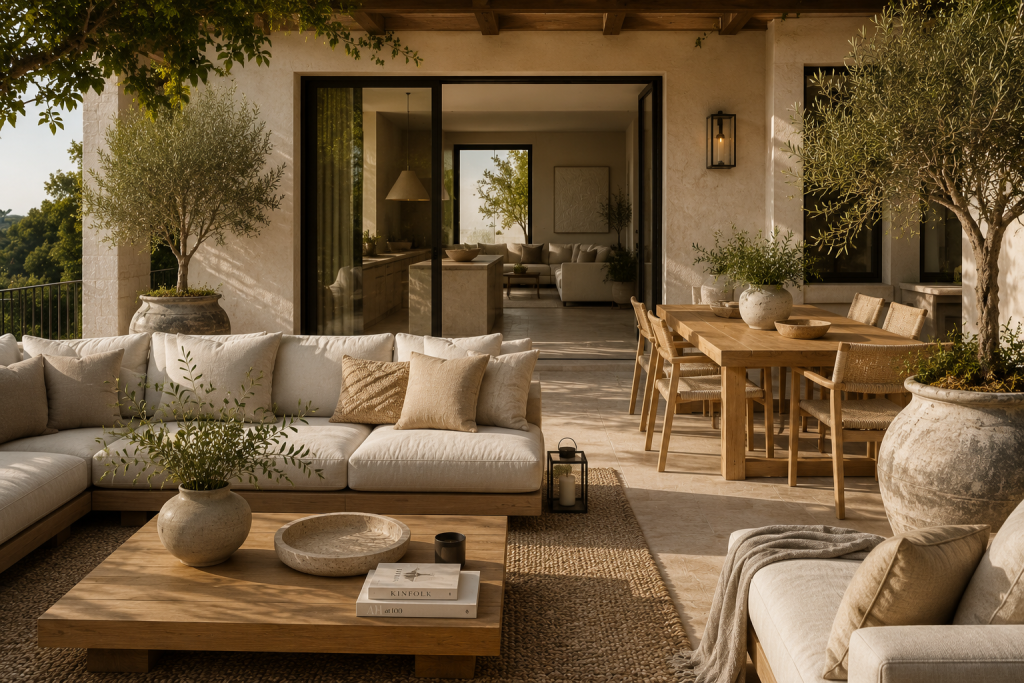 Terrasse méditerranéenne élégante aménagée avec salon de jardin beige, tapis d'extérieur, parasol, brasero, lanternes et végétation dans un style Maison Velora.