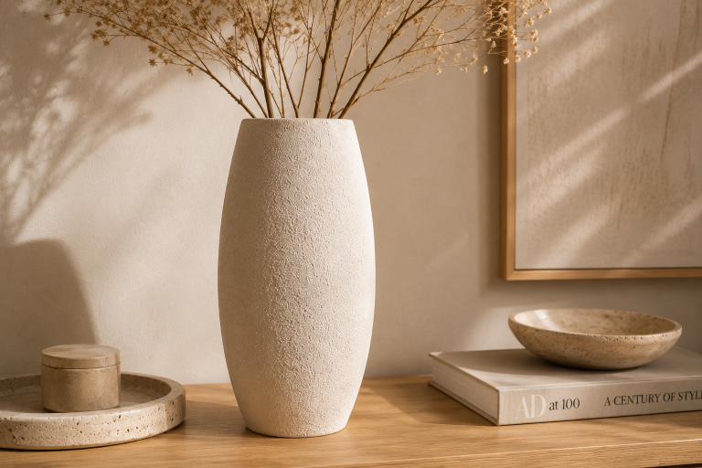 Vase en verre transformé en vase effet céramique beige texturé, décoré de branches d'olivier sur une console en chêne dans un intérieur quiet luxury.